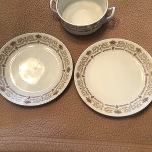 Elegant  Vintage Kahla White Dinner Plates with Gold Scroll Border- German